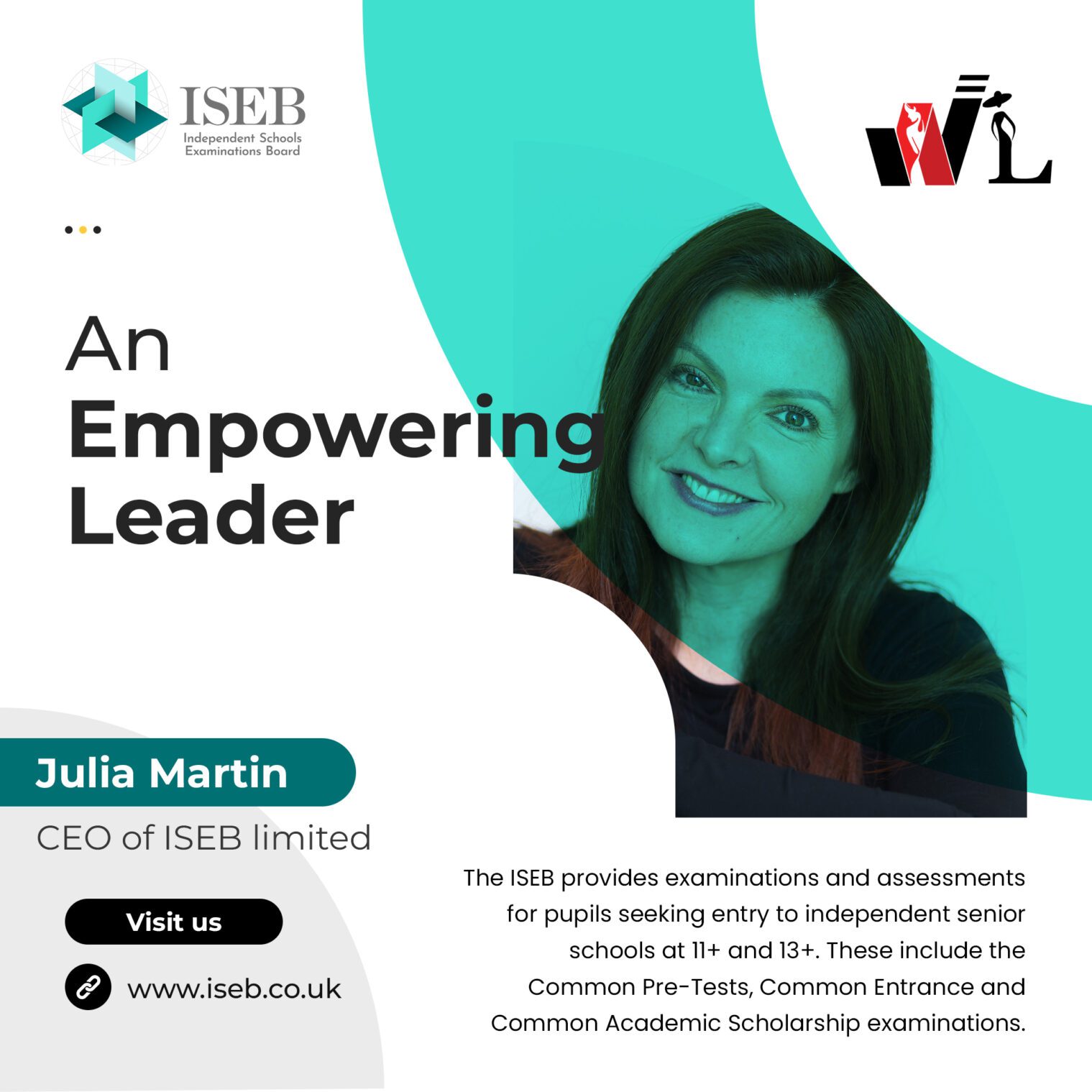 An Empowering Leader: a graphic featuring Julia Martin including the logos of ISEB and IERA